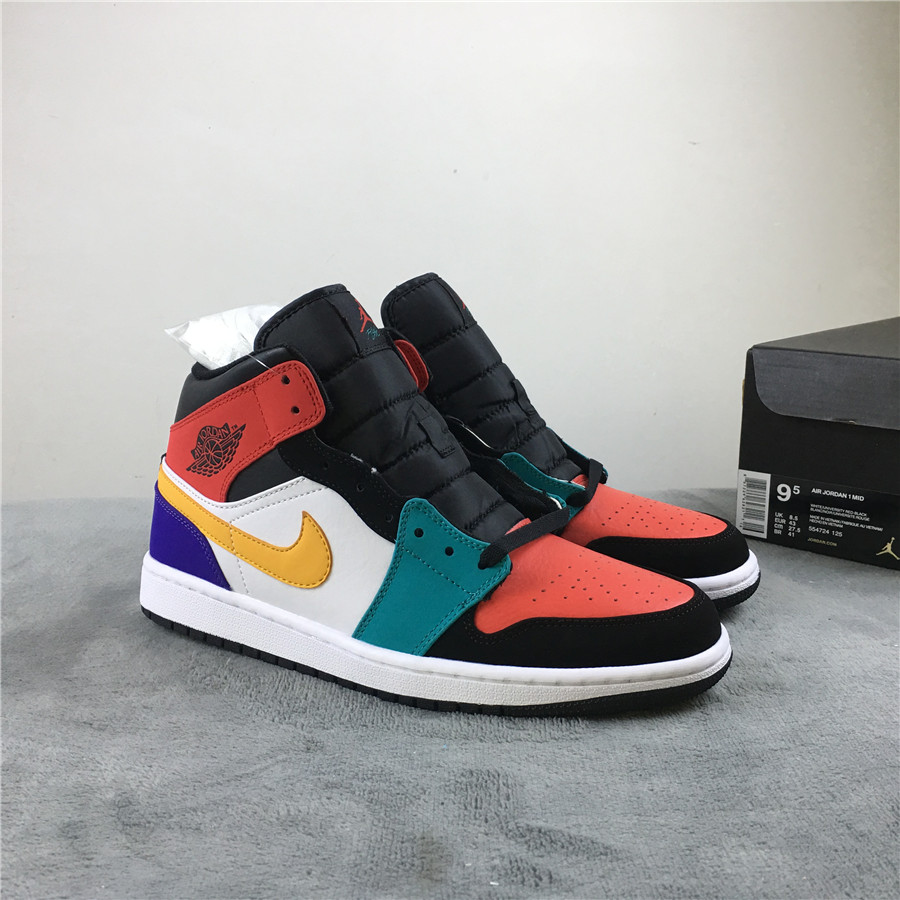 2019 Men Air Jordan 1 Mid Multicolor Black Red Green Yellow White Shoes - Click Image to Close